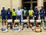 he UEN & Aliu Mahama foundation team with the imam of the Ghana police mosque for the launch of the free fumigation and disinfection campaign at the Ghana Police mosque, cantonments